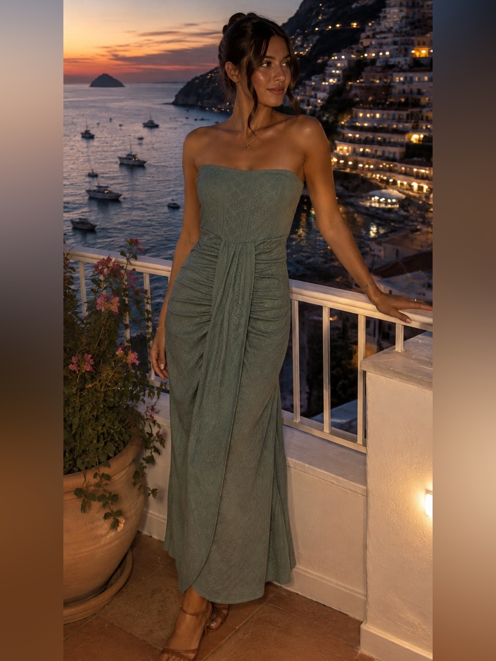 Strapless Sage Ruched Maxi Dress